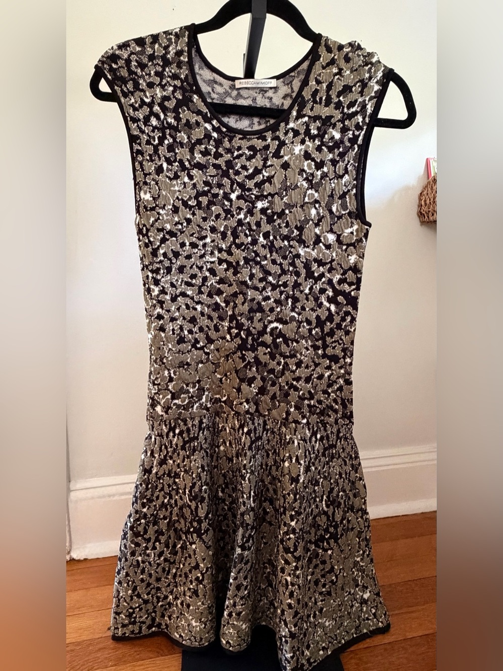 Rebecca Minkoff Black & Gold Silky Knit Drop Waist Mini Dress XS/S